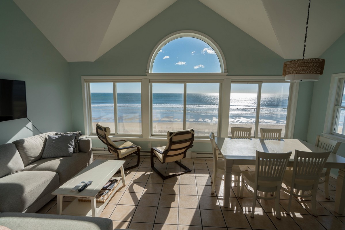 View Moody Beach and the Atlantic Ocean from the living room and dining area.